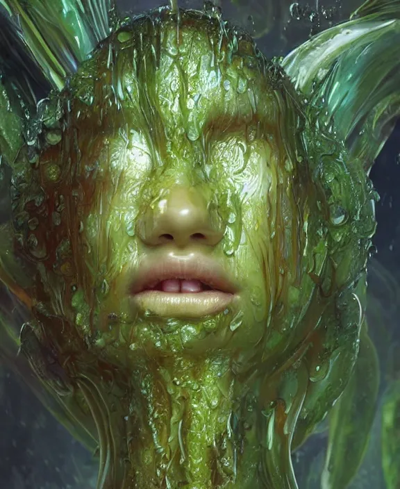 Image similar to portrait of a wet slimy alien insect creature, adorable, childlike, overgrown environment, ultra realistic, concept art, psychedelic, photorealistic, octane render, 8 k, unreal engine. art by christopher marley and artgerm and greg rutkowski and alphonse mucha