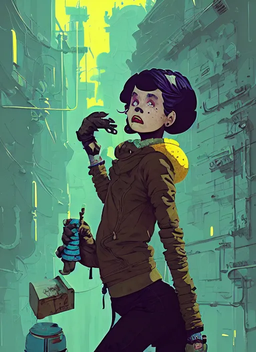 Image similar to highly detailed portrait of a sewer punk young lady by atey ghailan, james gilleard, by joe fenton, by greg rutkowski, by greg tocchini, by kaethe butcher, 4 k resolution, gradient yellow, black, brown and cyan color scheme, grunge aesthetic!!! ( ( dystopian graffiti tag wall in background ) )