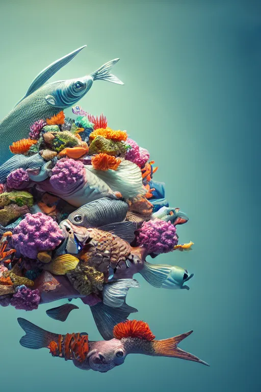 Image similar to a sculpture of fish ocean intertwined, diode lighting, a lovely cornucopia of flowers and human body parts, body parts, highly detailed, octane render, cinematic, sharp focus, clean, studio lighting