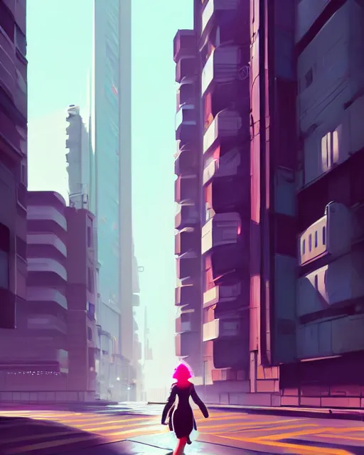 Prompt: a woman walking down a street next to tall buildings, cyberpunk art by james gilleard, cgsociety, photorealism, speedpainting, artstation hq, artstation hd