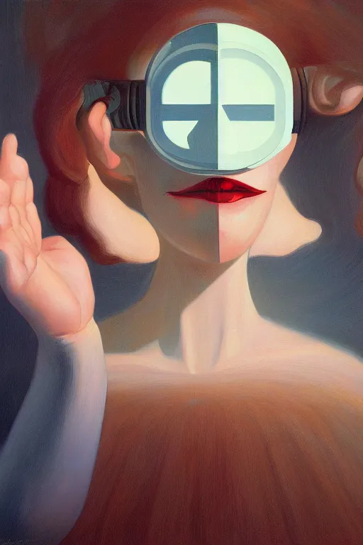Prompt: Cathie Wood wearing oculus and bitcoin over his head Edward Hopper and James Gilleard, Zdzislaw Beksisnski, highly detailed