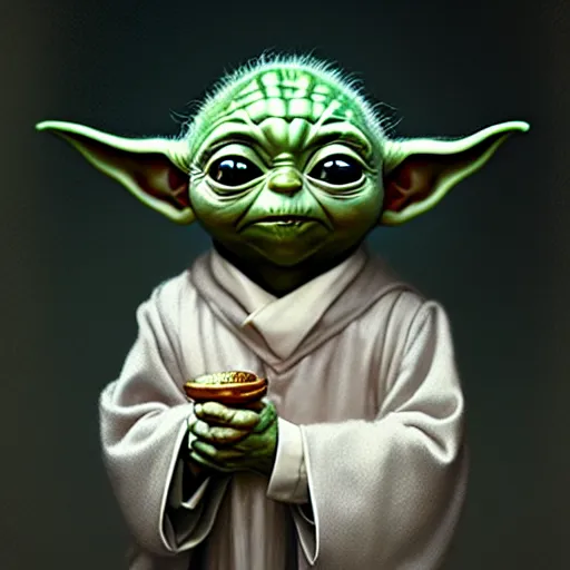 Image similar to baby yoda in his first communion, art by greg rutkowski, intricate, elegant, highly detailed, smooth, sharp focus, artstation