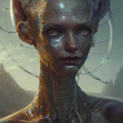 Prompt: a hyperrealistic acrylic on canvas painting of an alien priestess by Greg Rutkowski and WLOP. Epic fantasy art. Trending on ArtStation.