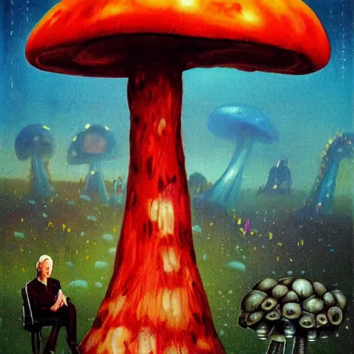 Image similar to Keanu Reeves sitting on a giant mushroom by paul lehr