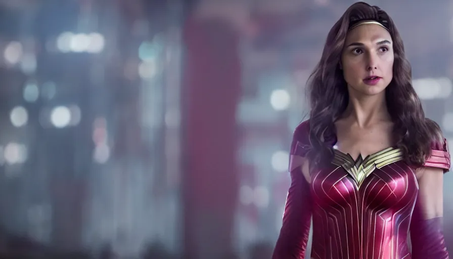 Prompt: Gal Gadot as Scarlet Witch, Cinematography by Roger Deakins, 4k, ultra wide, f1.8 anamorphic, bokeh, 4k,