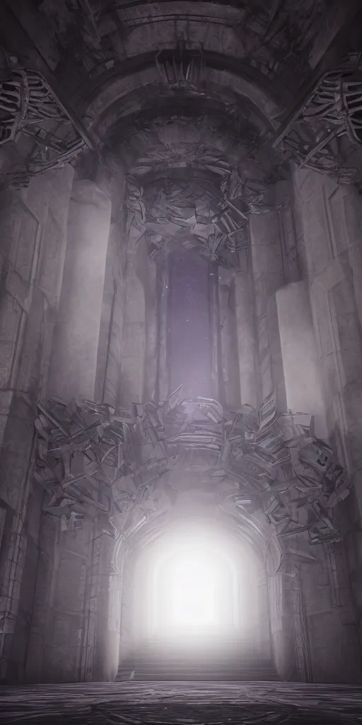 Image similar to entrance to ethereal realm, rendered in unreal engine, central composition, symmetrical composition, depth of field