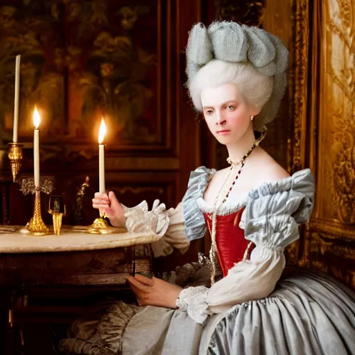 Prompt: marie antoinette in a tavern at night with candles, wow 4 k detail fantasy, matte painting, realistic materials, photo realistic, postprocessing, cinematic, hyperrealistic, studio lighting, ekaterina, the tudors, photography by richard jenkins