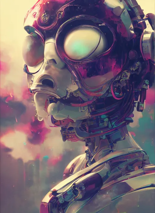 Prompt: surreal illustration, by yoshitaka amano, by ruan jia, by conrad roset, by Kilian Eng, by good smile company, detailed anime 3d render of a female mechanical android, portrait, cgsociety, artstation, modular patterned mechanical costume and headpiece, retrowave atmosphere
