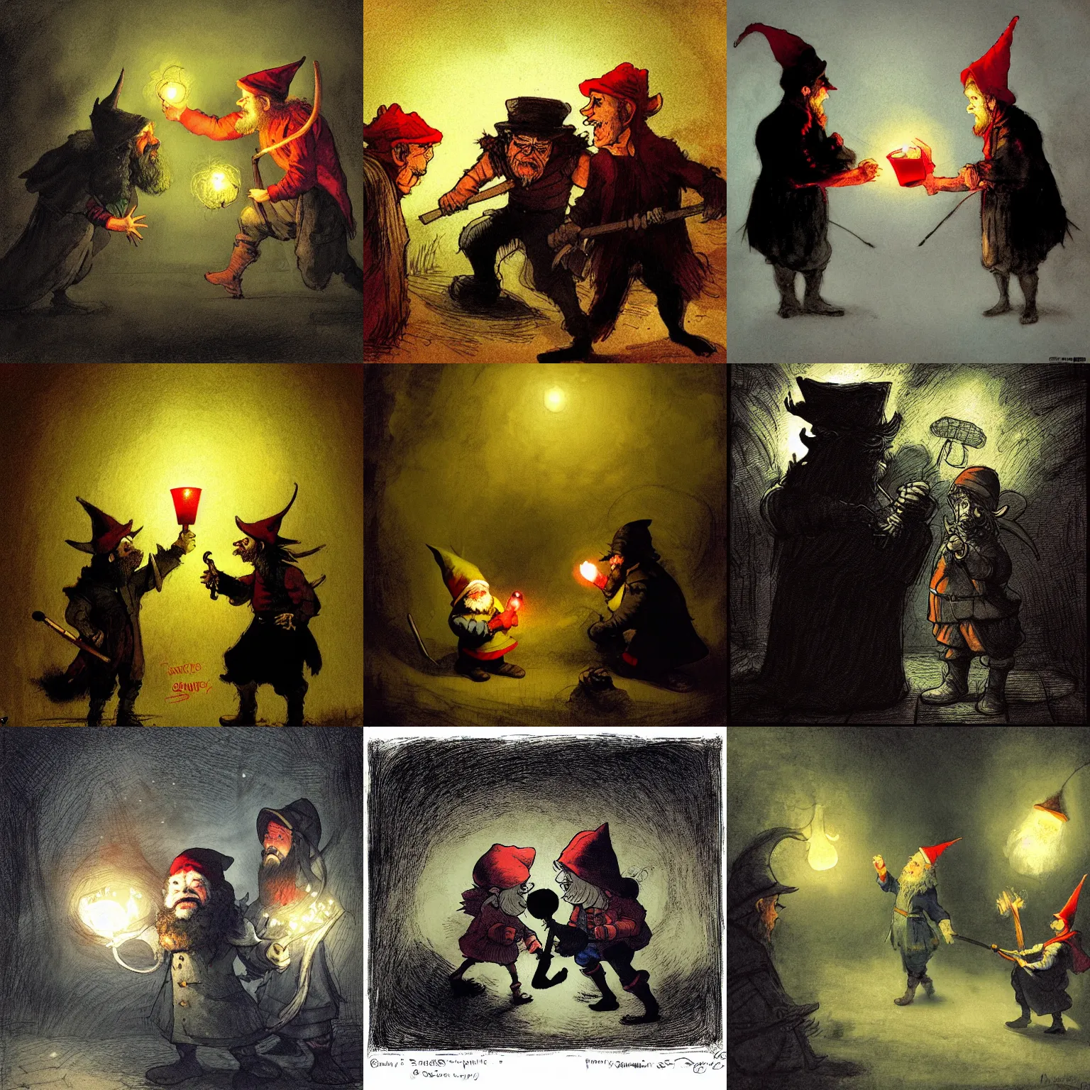 Prompt: two cunning, grimy, grumpy [ [ elves ] ] ( with red hats, beards and glowing! laterns ) argue in a pitch black [ mine ]. fairy tale illustration, low key lighting, high contrast, lumnoius colorful, digital art by goya, alan lee, rembrandt, and marc simonetti