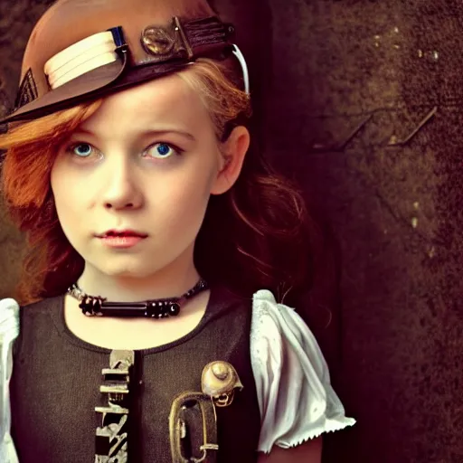 Prompt: cinematic steampunk little girl wears a clock necklace