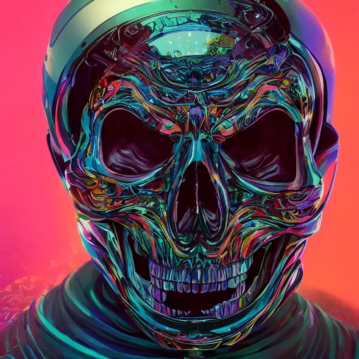 Image similar to portrait of a skull in a racing suit. intricate abstract. intricate artwork. nightmare fuel. by Tooth Wu, wlop, beeple, dan mumford. octane render, trending on artstation, greg rutkowski very coherent symmetrical artwork. cinematic, hyper realism, high detail, octane render, 8k, iridescent accents