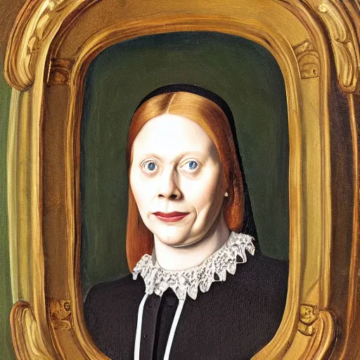 Image similar to president simone giertz, simone giertz presidential portrait, oval office painting. official portrait, painting by jan van eyck. oil on canvas, wet - on - wet technique, underpainting, grisaille, realistic. restored face.