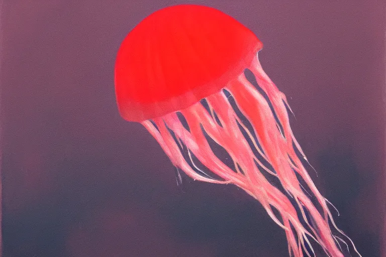 Prompt: painting of a red jellyfish in the deep sea alone, focus on pink jellyfish, dark background, arcylic,