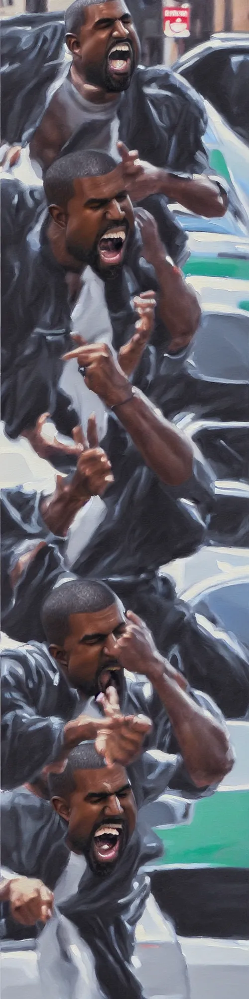 Prompt: fine oil painting of kanye west angrily yelling at you while he attacks a papparazzi on robertson boulevard