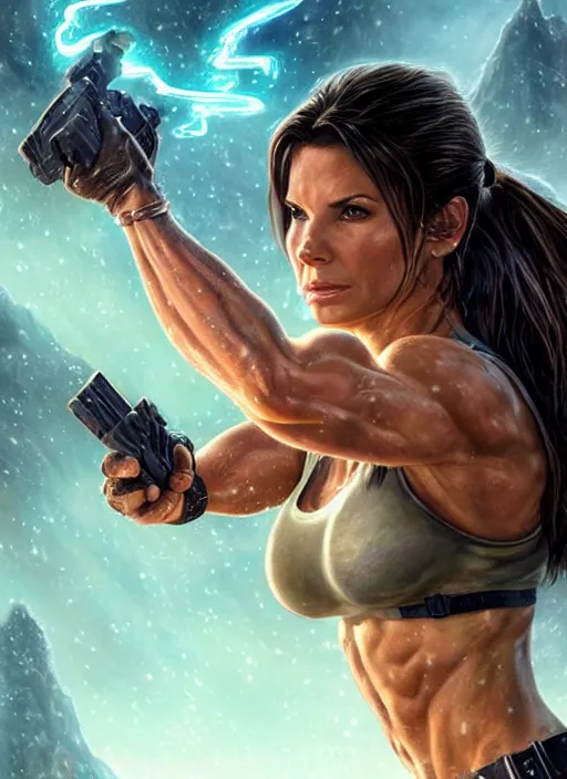 Prompt: muscled Sandra Bullock as Lara Croft as a ruggedly handsome heroine jumping off a glowing artifact lodged in shallow water, intricate, elegant, highly detailed, artstation, concept art, smooth, sharp focus, illustration, bokeh art by artgerm and donato giancola and Joseph Christian Leyendecker, WLOP, fireflies, distant snowstorm