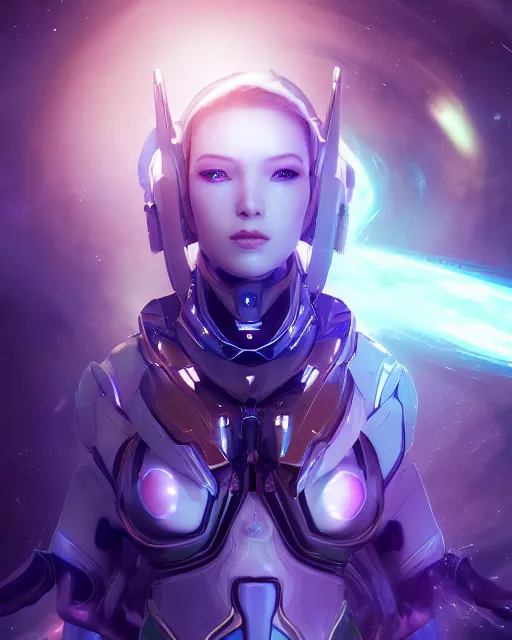 Image similar to perfect android girl on a mothership, warframe armor, beautiful face, scifi, futuristic, galaxy, nebula, raytracing, dreamy, long white hair, blue cyborg eyes, sharp focus, cinematic lighting, highly detailed, artstation, divine, by gauthier leblanc, kazuya takahashi, huifeng huang