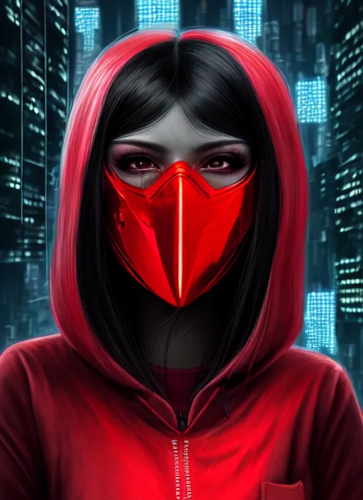 Image similar to portrait of long black hair girl within a red steel mask and streetwear. cynical face, concept art, cyberpunk illustration, intricate, highly detailed 8 k, smooth, matte, sharp focus, rim light, beautiful and aesthetic shape of face and body, artgerm, artstation, art by gharliera and rinotuna and junpei