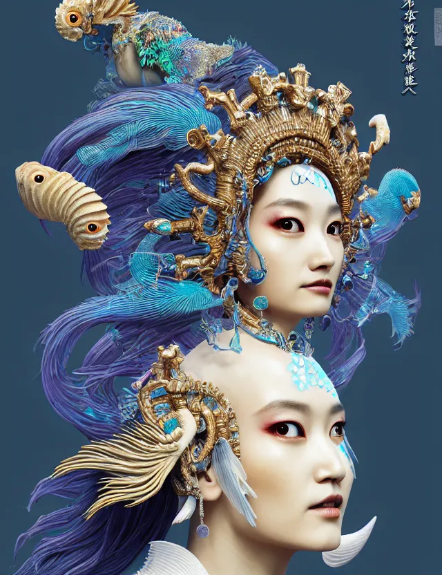 Image similar to 3 d goddess close - up profile portrait with crown, ram skull. beautiful intricately detailed japanese crow kitsune mask and clasical japanese kimono. betta fish, jellyfish phoenix, bio luminescent, plasma, ice, water, wind, creature, artwork by tooth wu and wlop and beeple and greg rutkowski