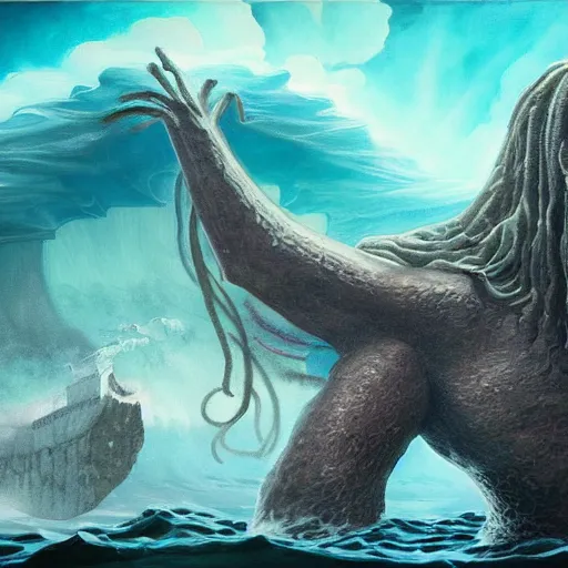 Prompt: epic painting of Moses parting the sea. a giant kraken is lurking on the sea floor, epic, concept Art, detailed, 4K