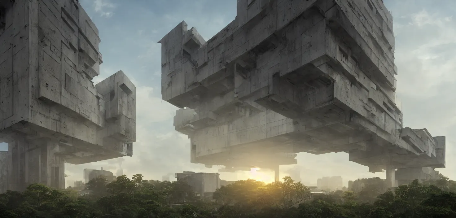 Prompt: simple brutalist architecture, surrounded by lush green vegetation, stunning volumetric lighting, sunset, metal, concrete, translucent material, stunning skies, 8k, photorealistic, hyper detailed, unreal engine 5, IMAX quality, cinematic, epic lighting, digital painting in the style of DOOM, by Greg Rutkowski, trending on Artstation