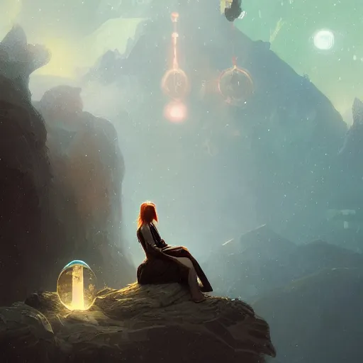 Image similar to A lonely woman sitting on a rock floating in space, stars, cosmic, science fiction, intricate, highly detailed, digital painting, artstation, concept art, sharp focus, cinematic lighting, illustration, greg rutkowski, alphonse mucha, cgsociety