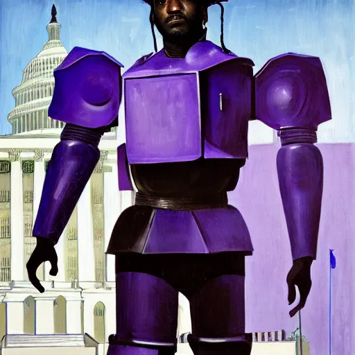 Image similar to Pusha T standing in front of Washington DC capitol hill in the 19th century wearing purple and blue robot mech armour suite in naturalistic technique, bold brushwork, light and shadow, depth. Sense of movement H 576