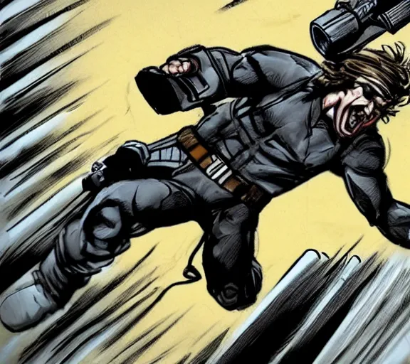 Prompt: solid snake crashing through a wall riding a motorcycle, in the style of jack kirby