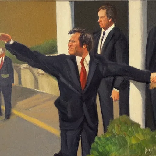 Prompt: President Leaving the Whitehouse in Handcuffs, 1972, oil on canvas artwork-n 4