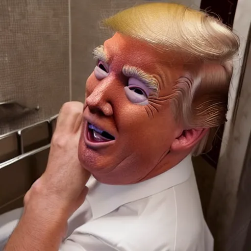 Image similar to a selfie of donald trump in his toilet, extremely happy, highly detailed skin, photo