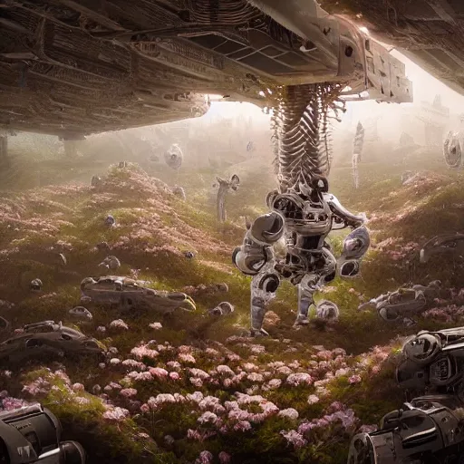 Image similar to intricate bio - robot human organs intertwined with white bio - robot flowers, intricate environment, matte painting, cinematic, epic composition, highly detailed, atmospheric, wide angle, artstation trending