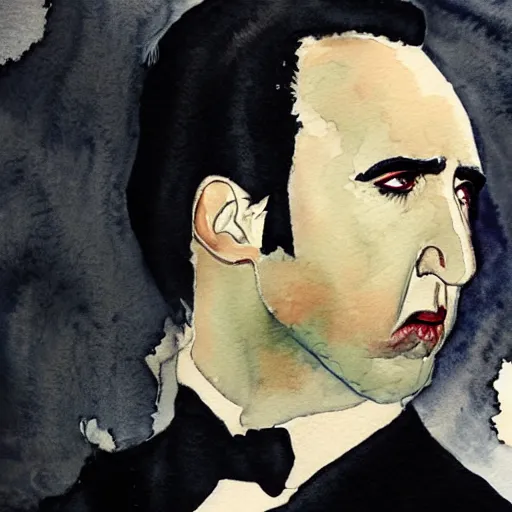 Image similar to watercolor portrait of nicolas cage as count dracula, detailed, centered, duotone