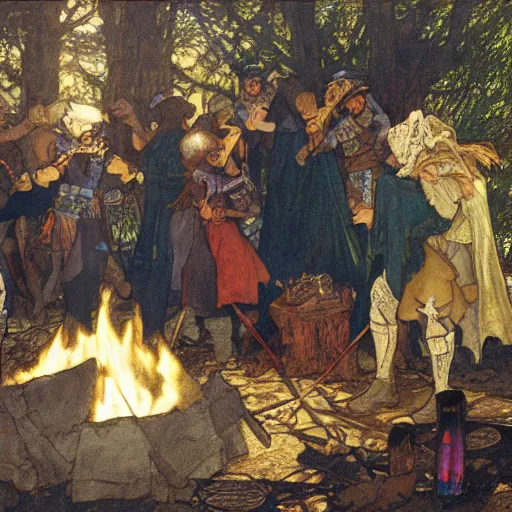 Prompt: a painting of medieval knights toasting marshmallows around the campfire in the style of howard pyle, arthur rackham, alphonse mucha, maxfield parrish. volumetric lighting. 8 k resolution. best detail. trending on artstation trending on deviantart