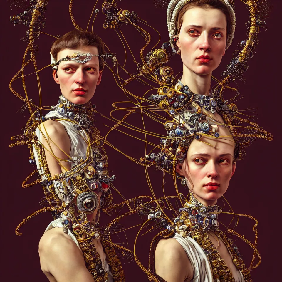 Image similar to colour caravaggio style photography of highly detailed beautiful woman with 1 0 0 0 years perfect face and wearing detailed ukrainian folk costume designed by taras shevchenko also wearing highly detailed retrofuturistic sci - fi neural interface designed by josan gonzalez. many details in style of josan gonzalez and mike winkelmann and andgreg rutkowski and alphonse muchaand