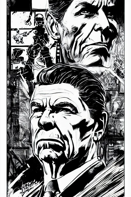 Prompt: ronald reagan, a page from cyberpunk 2 0 2 0, style of paolo parente, style of mike jackson, adam smasher, johnny silverhand, 1 9 9 0 s comic book style, white background, ink drawing, black and white, colouring pages