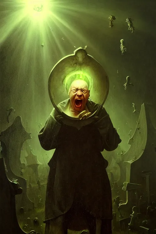 Image similar to hieronymus bosch, greg rutkowski, anna podedworna, close up portrait of bjornson, screaming, insane eyes, mad, god rays, wide shot of a graveyard lit by spooky green lights