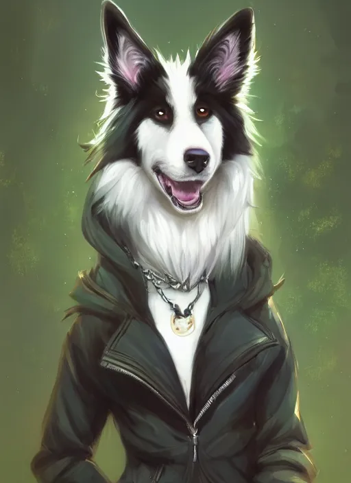 Prompt: wide angle beautiful full body portrait of a cute male anthropomorphic border collie fursona wearing a jacket in front of a park, character design by charlie bowater, henry asencio, and ross tran, furry art, furaffinity, scenic background, beautiful, fantasy, glamor pose, detailed, trending on artstation