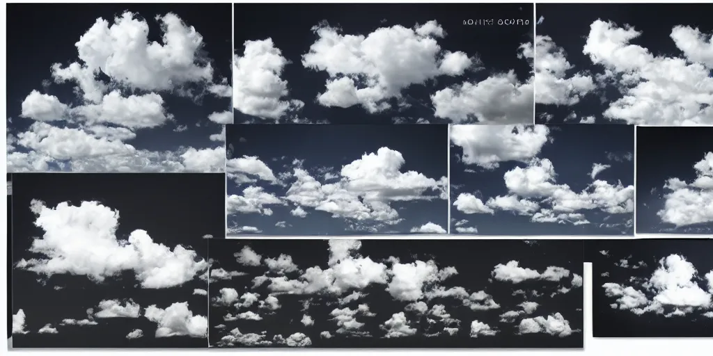 Image similar to full page scan catalogue of clouds on black background, matte painting