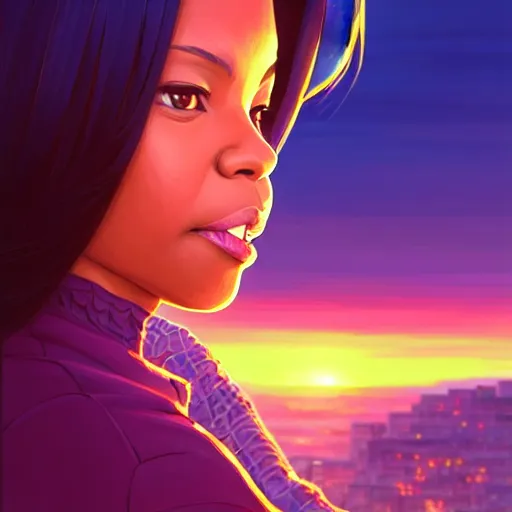 Image similar to Condoleezza Rice, sunset, intricate, highly detailed, digital painting, artstation, official media, anime key visual, concept art, rich vivid colors, ambient lighting, sharp focus, illustration, art by Artgerm, Makoto Shinkai, Ilya Kuvshinov, Lois Van Baarle, and Rossdraws