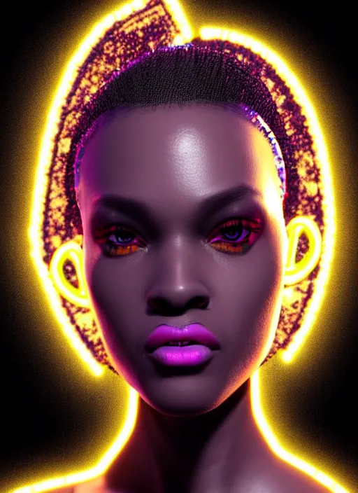 Prompt: photorealistic portrait of black american female humanoid, cyber neon lights, highly detailed, cyberpunk high fashion, elegant, crispy quality, trending in artstation, trending in pinterest, glamor pose, no signature, no watermark, cinematic, art by pascal blanche