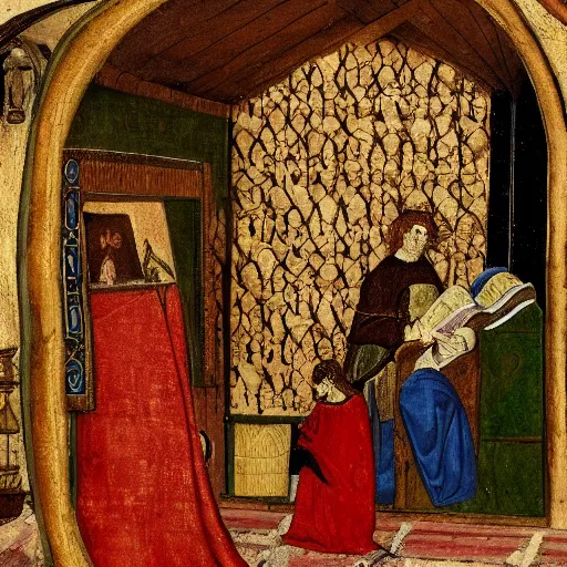 Image similar to frog watching tv, medieval painting,