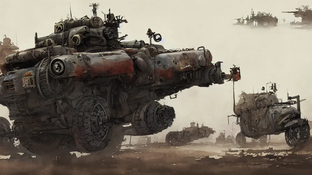 Image similar to overview of dieselpunk vehicles, watercolored, jakub rozalski, dark colours, dieselpunk, artstation