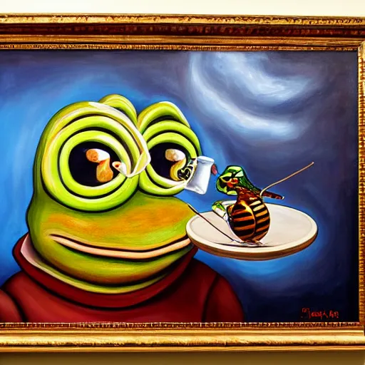 Prompt: pepe frog eating honey, surrealism, oil and acrylic on canvas, high detail