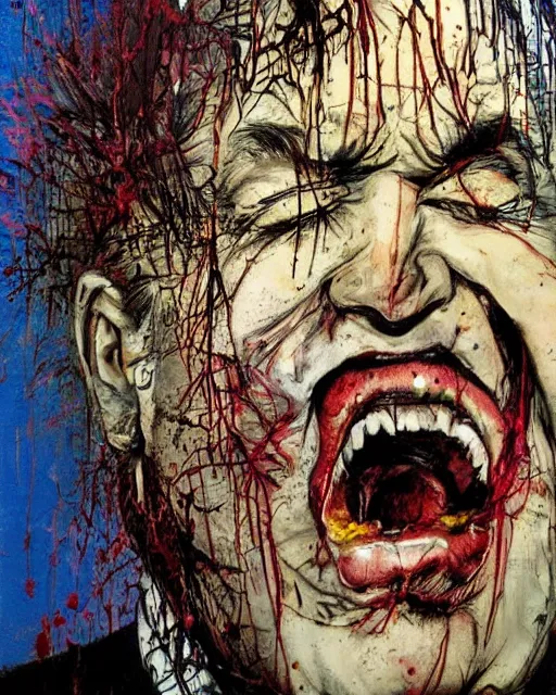 Prompt: An angry man screaming by Francis Bacon, Carne Griffiths and Ralph Steadman