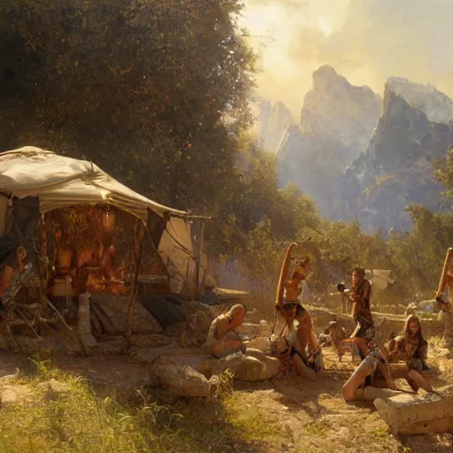 Image similar to lara croft, finds a camp full of humans, highly detailed painting by gaston bussiere, craig mullins, 8 k