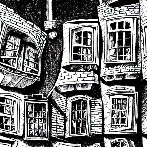 Prompt: a drawing of a house with lots of windows, a storybook illustration by dr seuss, tumblr, psychedelic art, concept art, storybook illustration, whimsical