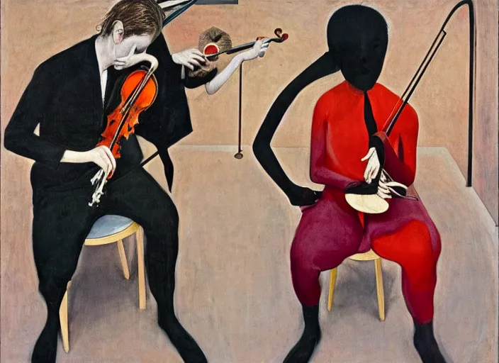 Image similar to two violin young violin players din distress, francis bacon and pat steir and nicolas party and hilma af klint, james jean, psychological, intriguing details, altermodern
