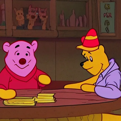 Image similar to Winnie the Pooh and Pink Panther in a strip club