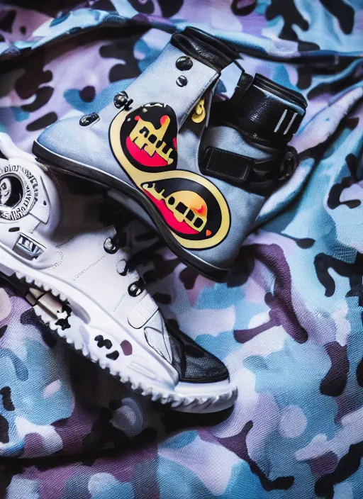 Image similar to hyperrealistic and heavy detailed product photo bape avant garde shoe of movie the fifth element, in front of white back drop, whole shoe is in picture, leica sl 2 5 0 mm, vivid color, high quality, high textured, real life