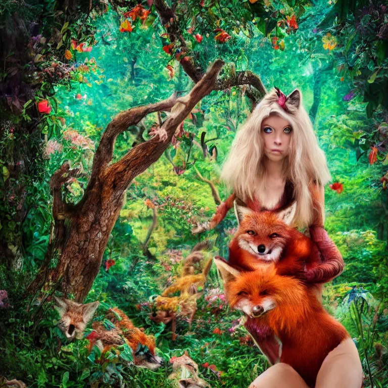 Prompt: photo of foxy girl in wonderland, realism, photorealism, sony a 7 r, high detailed