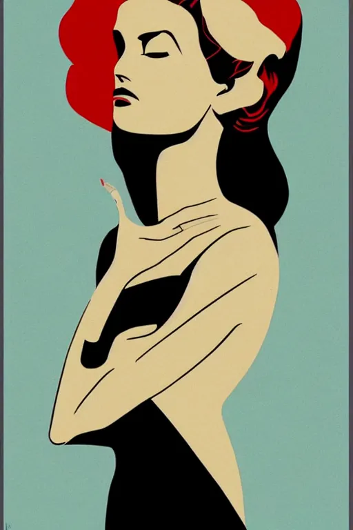 Image similar to Shepard Fairey Patrick Nagel poster of a Famous Actress posed in profile, she has beautiful bone structure and long hair. Eyes closed. highly detailed.